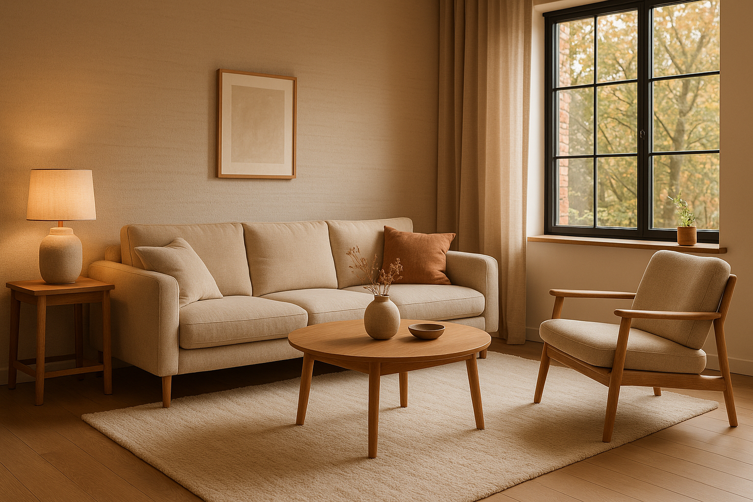 moderne maar warme woonkamer met een bank en een tafel en misschien een stoel in dezelfde stijl met een raam met bomen