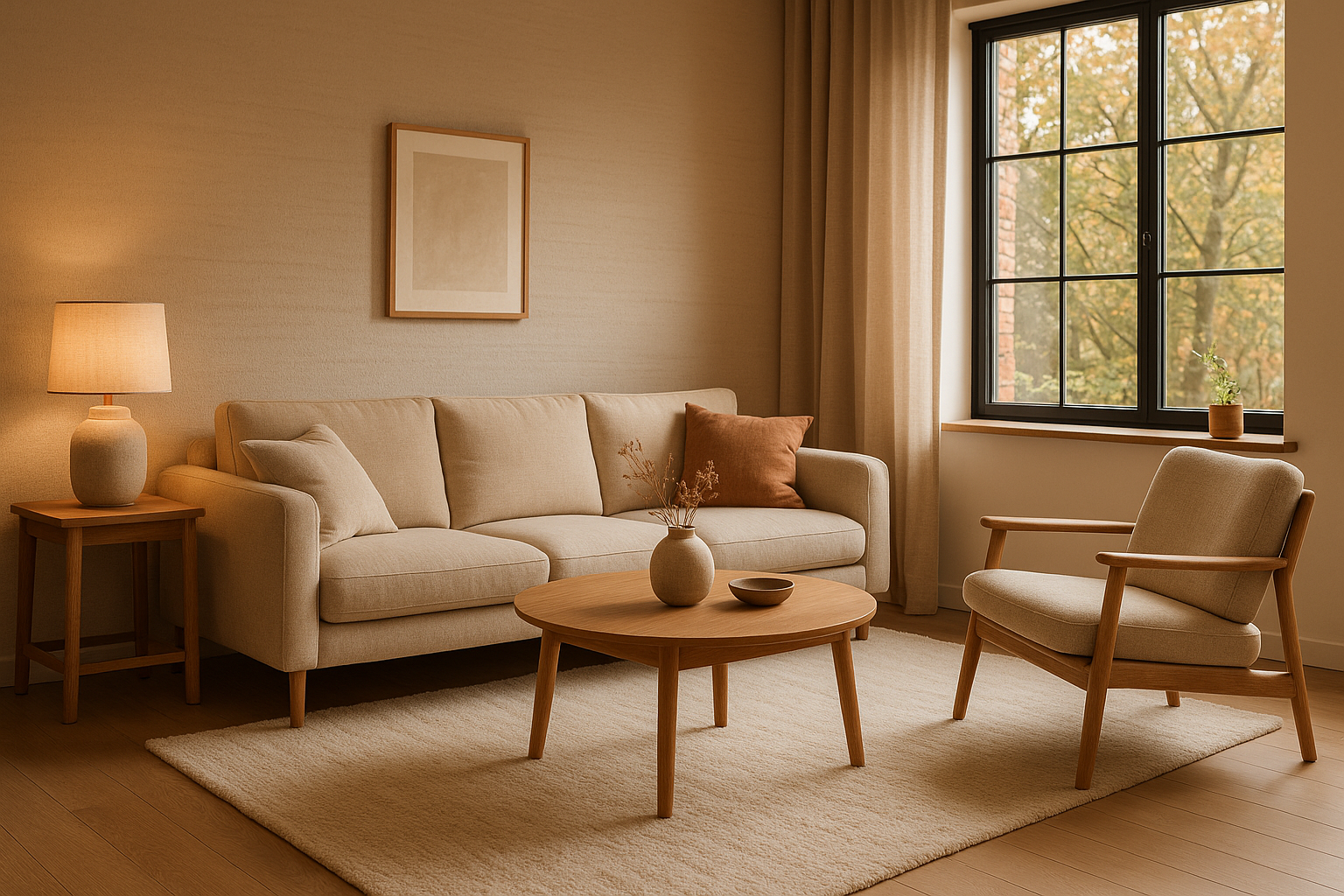 moderne maar warme woonkamer met een bank en een tafel en misschien een stoel in dezelfde stijl met een raam met bomen